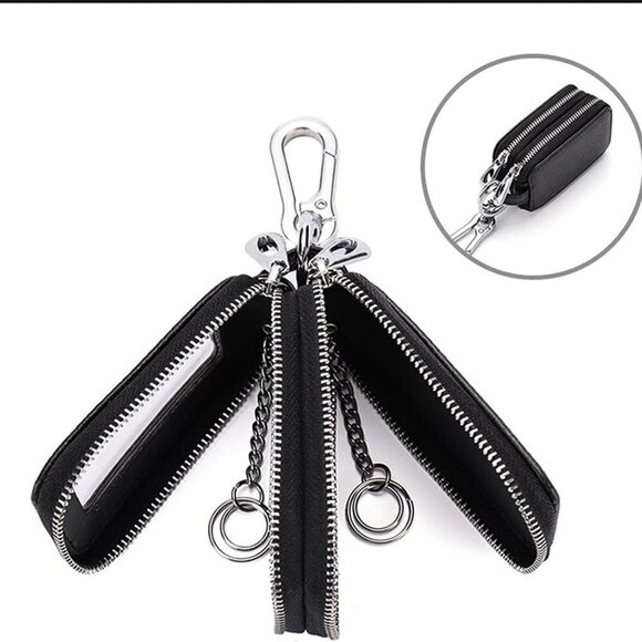 Car Key Fob Case, Genuine Leather Remote Keychain Bag with Lanyard and Zipper Cl - Picture 6 of 6